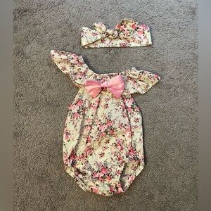 Canis Infant Pink Cream Floral Ruffle Outfit & Headband Set- See Measurements